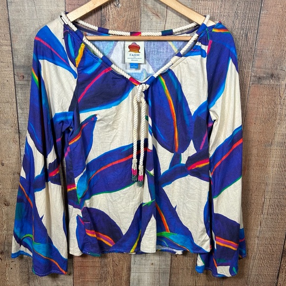 FARM Rio Tops - Farm Rio Anthropologie Linen Blend Rope Tassel Boho Blouse Top Medium Tropical